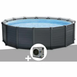 Kit Piscine Tubulaire Intex Graphite Ronde 4,78 X 1,24 M + Pompe à Chaleur - Gris