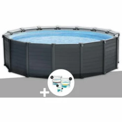 Kit Piscine Tubulaire Intex Graphite Ronde 4,78 X 1,24 M + Kit Traitement Au Chlore - Gris