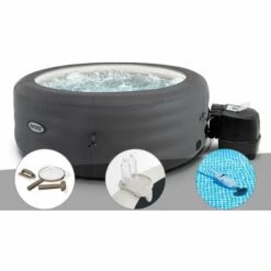 Kit Spa Gonflable Intex PureSpa Access Rond Bulles 4 Places + Kit D'entretien + Porte-verre + Aspirateur - Gris