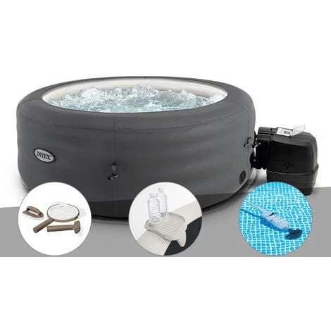 Kit Spa Gonflable Intex PureSpa Access Rond Bulles 4 Places + Kit D'entretien + Porte-verre + Aspirateur - Gris