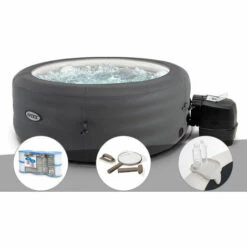 Kit Spa Gonflable Intex PureSpa Access Rond Bulles 4 Places + 6 Filtres + Kit D'entretien + Porte-verre - Gris