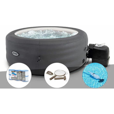 Kit Spa Gonflable Intex PureSpa Access Rond Bulles 4 Places + 6 Filtres + Kit D'entretien + Aspirateur - Gris