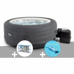 Kit Spa Gonflable Intex PureSpa Access Rond Bulles 4 Places + 6 Filtres + Aspirateur - Gris
