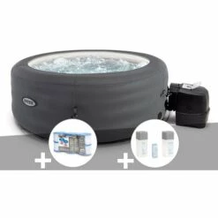 Kit Spa Gonflable Intex PureSpa Access Rond Bulles 4 Places + 6 Filtres + Kit Traitement Brome - Gris