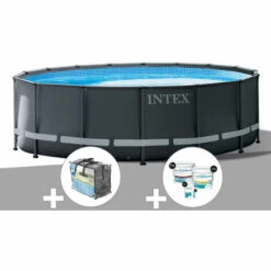 Kit Piscine Tubulaire Intex Ultra XTR Frame Ronde 4,27 X 1,22 M + Bâche à Bulles + Kit De Traitement Au Chlore - Gris