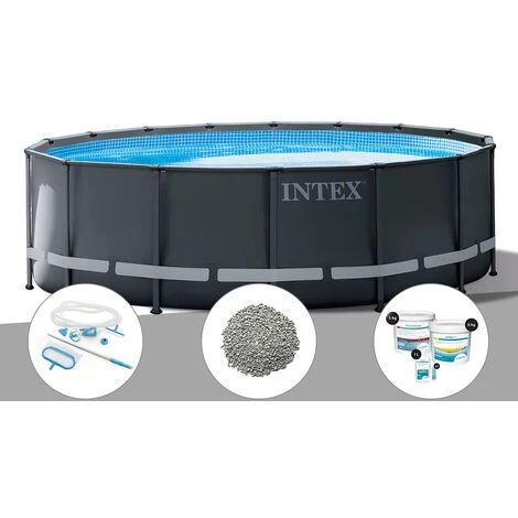 Kit Piscine Tubulaire Intex Ultra XTR Frame Ronde 4,27 X 1,22 M + Kit D'entretien + 10 Kg De Zéolite + Kit De Traitement Au Chlore - Gris