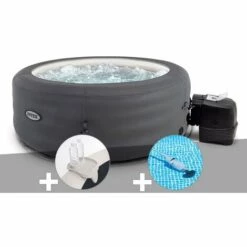 Kit Spa Gonflable Intex PureSpa Access Rond Bulles 4 Places + Porte-verre + Aspirateur - Gris