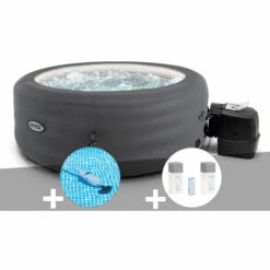 Kit Spa Gonflable Intex PureSpa Access Rond Bulles 4 Places + Aspirateur + Kit Traitement Brome - Gris