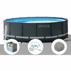 Kit Piscine Tubulaire Intex Ultra XTR Frame Ronde 4,27 X 1,22 M + Bâche à Bulles + Kit D'entretien + 10 Kg De Zéolite - Gris