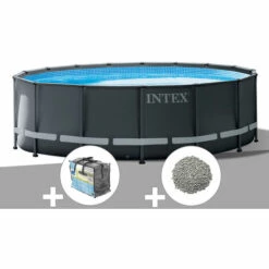 Kit Piscine Tubulaire Intex Ultra XTR Frame Ronde 4,27 X 1,22 M + Bâche à Bulles + 10 Kg De Zéolite - Gris